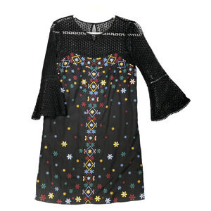 Anthropologie Akemi Kin Dress Womens 2 Black Embroidered Lace Linen Blend Boho